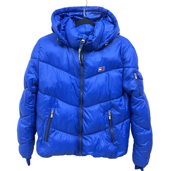 Tommy Hilfiger Sport Women's S Puffer Jacket Quilted Hooded Aspen Blue Logo - Picture 1 of 13